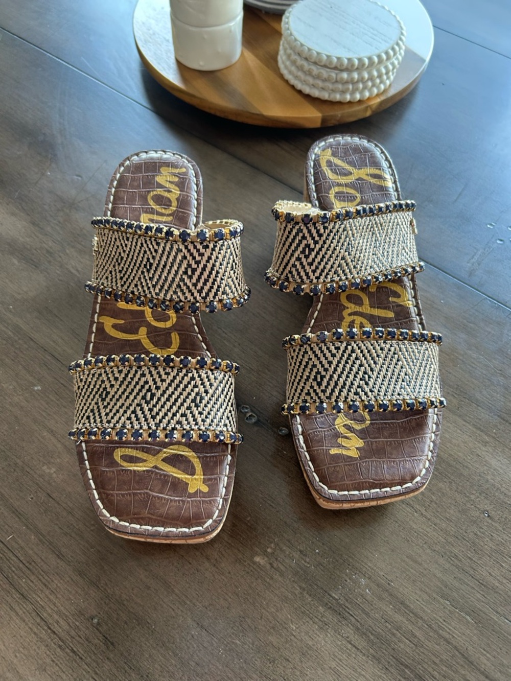 Sam Edelman Black and Cream Beaded Double-Strap Sandals - Picture 2 of 4